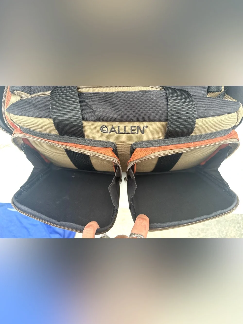 Allen Men's Tan and Black Duffel Bag with Orange Accents